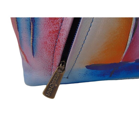 Anuschka Leather Abstract Lines Shoulder Hobo Purse Handbag Shimmer  Blue Pink - Picture 2 of 16